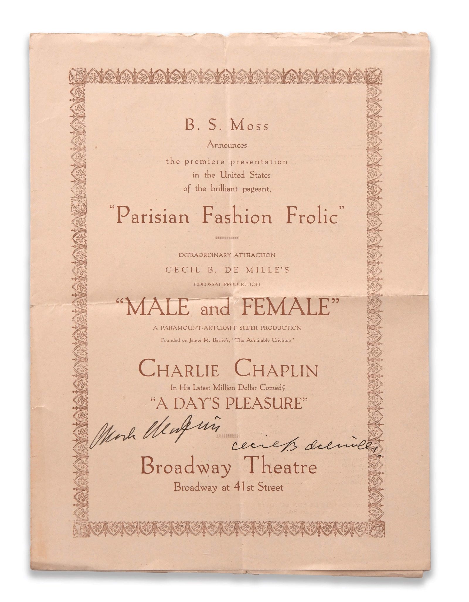 CHARLIE CHAPLIN AND CECIL B. DEMILLE SIGNED BROADWAY THEATRE PROGRAMME (1 of 2)