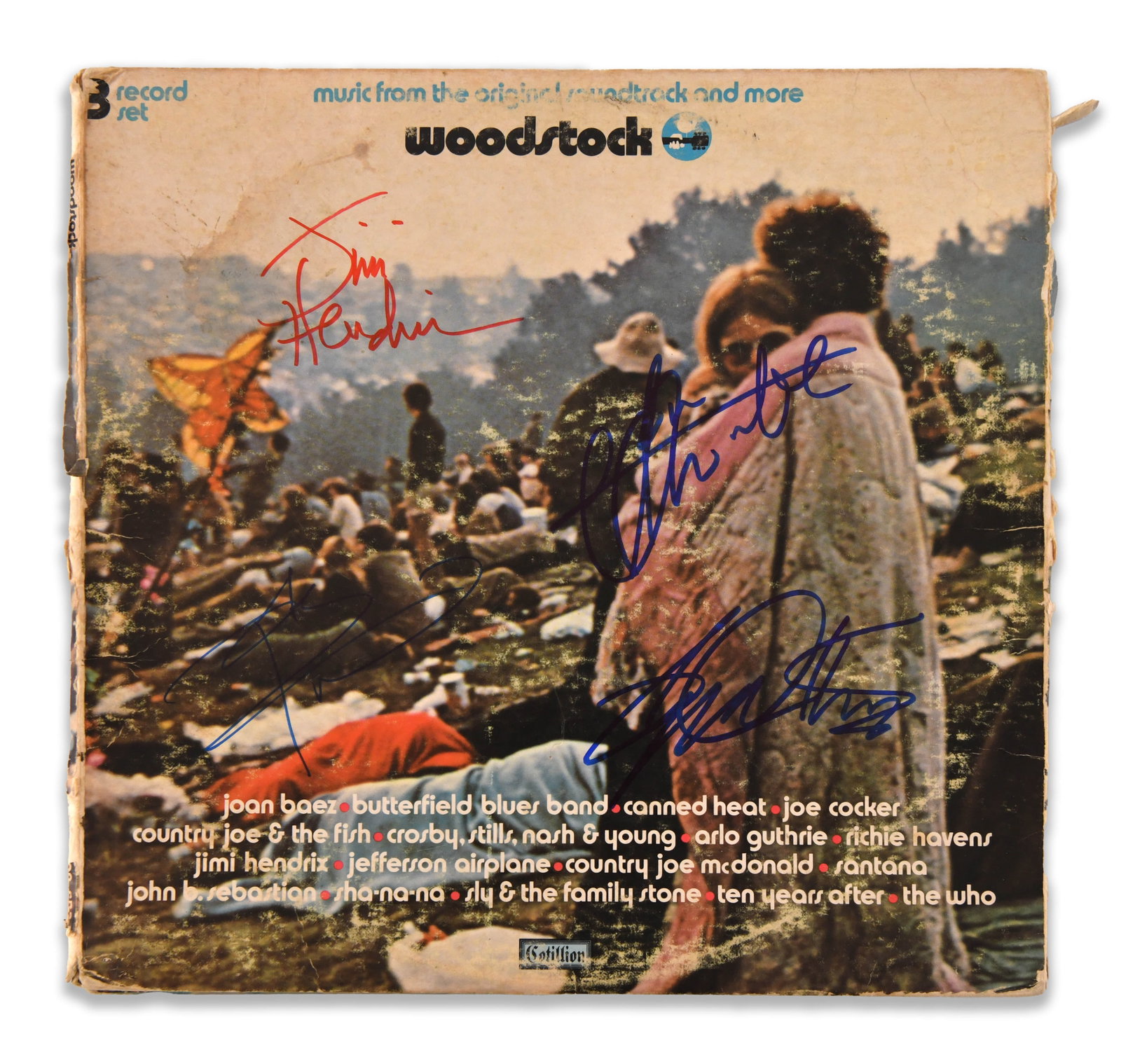 WOODSTOCK - SIGNED WOODSTOCK: MUSIC FROM THE ORIGINAL SOUNDTRACK AND MORE (COTILLION RECORDS, SD: WOODSTOCK - SIGNED WOODSTOCK: MUSIC FROM THE ORIGINAL SOUNDTRACK AND MORE (COTILLION RECORDS, SD 3-500, 3-LP SET) Signature: Jimi Hendrix, Joan Baez, Joe Cocker, Richie Havens, Arlo Guthrie, John Seba
