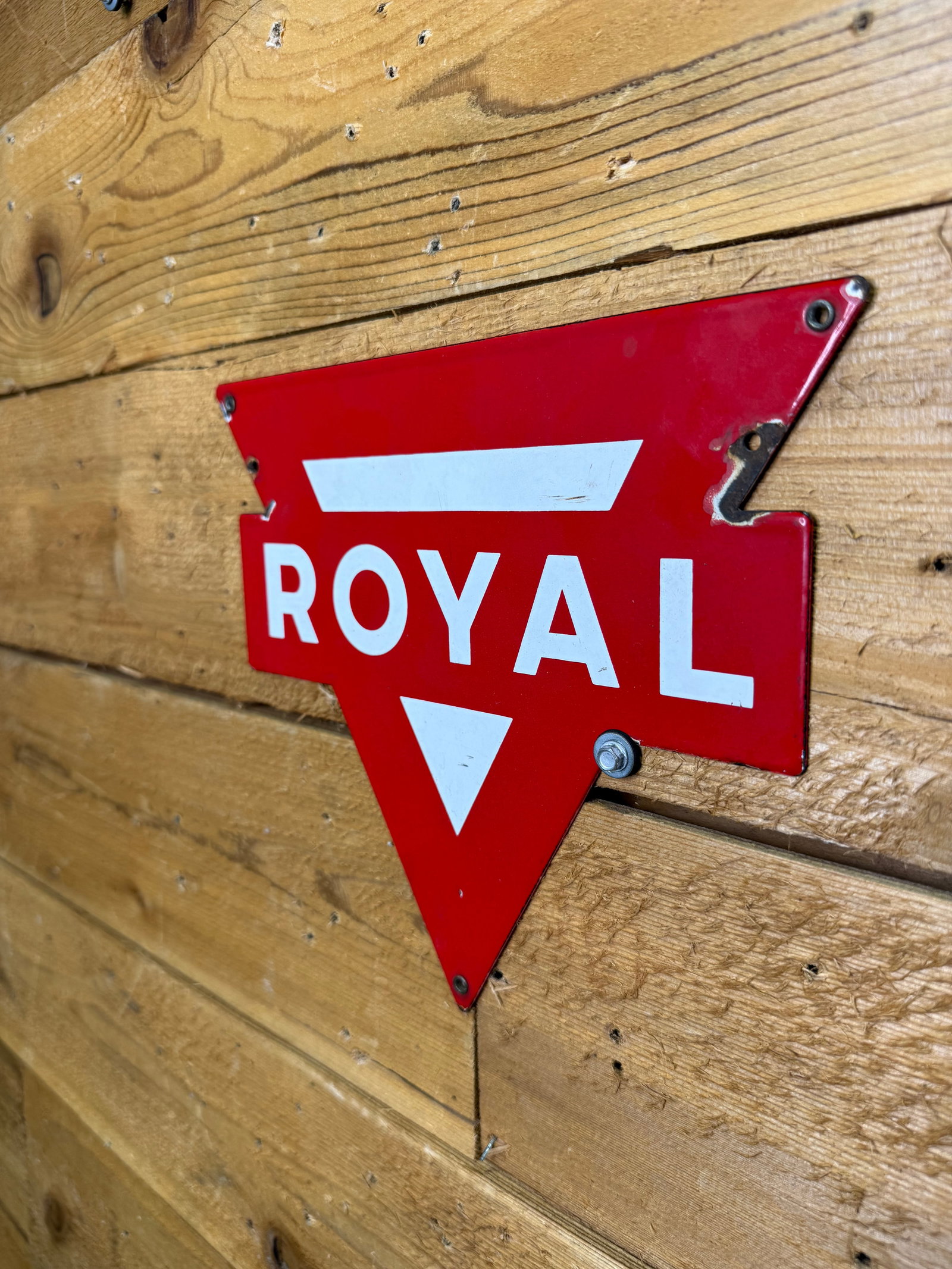 Single Sided Porcelain Red Royal Pump Sign: Original single-sided Red Royal porcelain pump sign exhibiting strong original gloss and color. Notable chipping around a mounting hole and evidence of added mounting holes; otherwise a solid