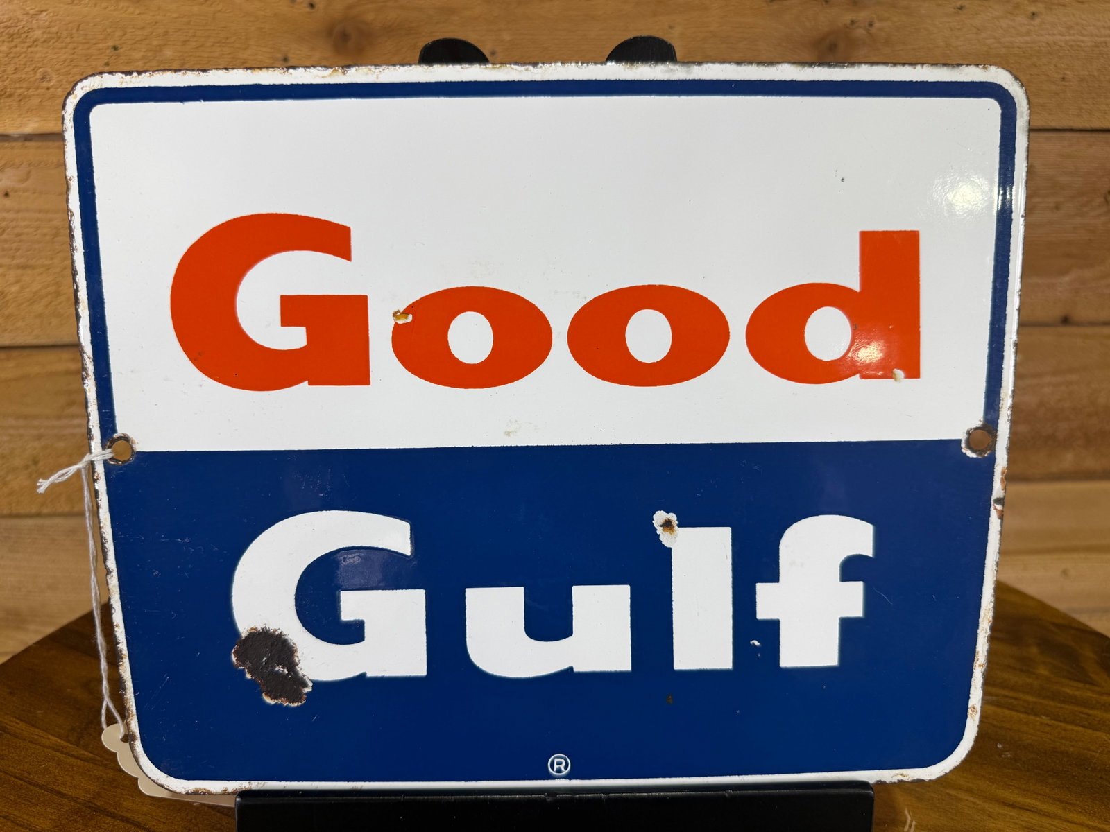Original Single Sided Porcelain Good Gulf Pump Sign: Good condition Gulf pump plate with solid overall integrity. Displays typical field wear including a few small dings and light wear around the edges and mounting holes.