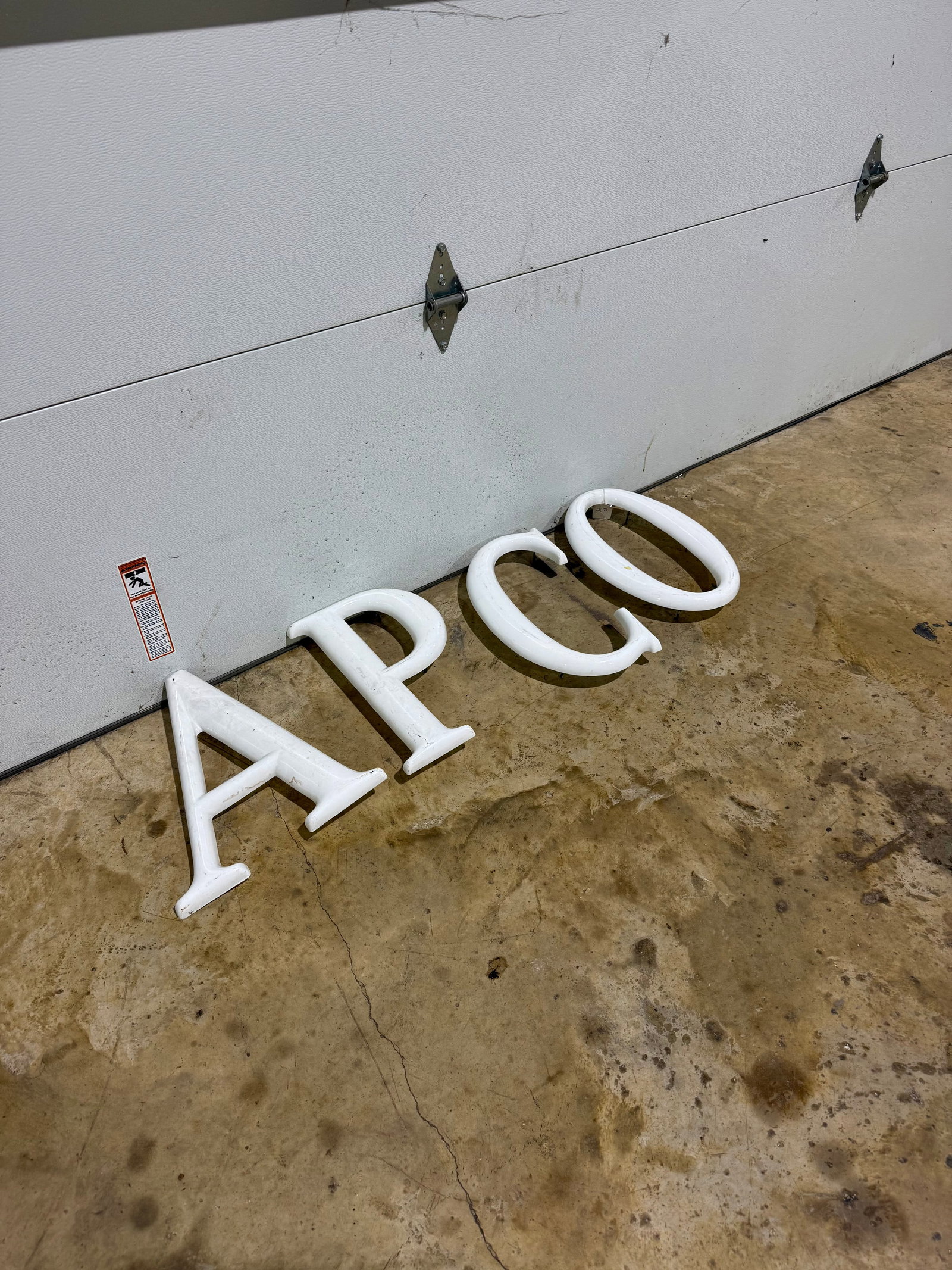 White Plastic APCO letters: White Plastic APCO Letters. A clean set of vintage signage letters with classic service station appeal. Overall in good condition, showing light wear consistent with age. Great for display, restoratio