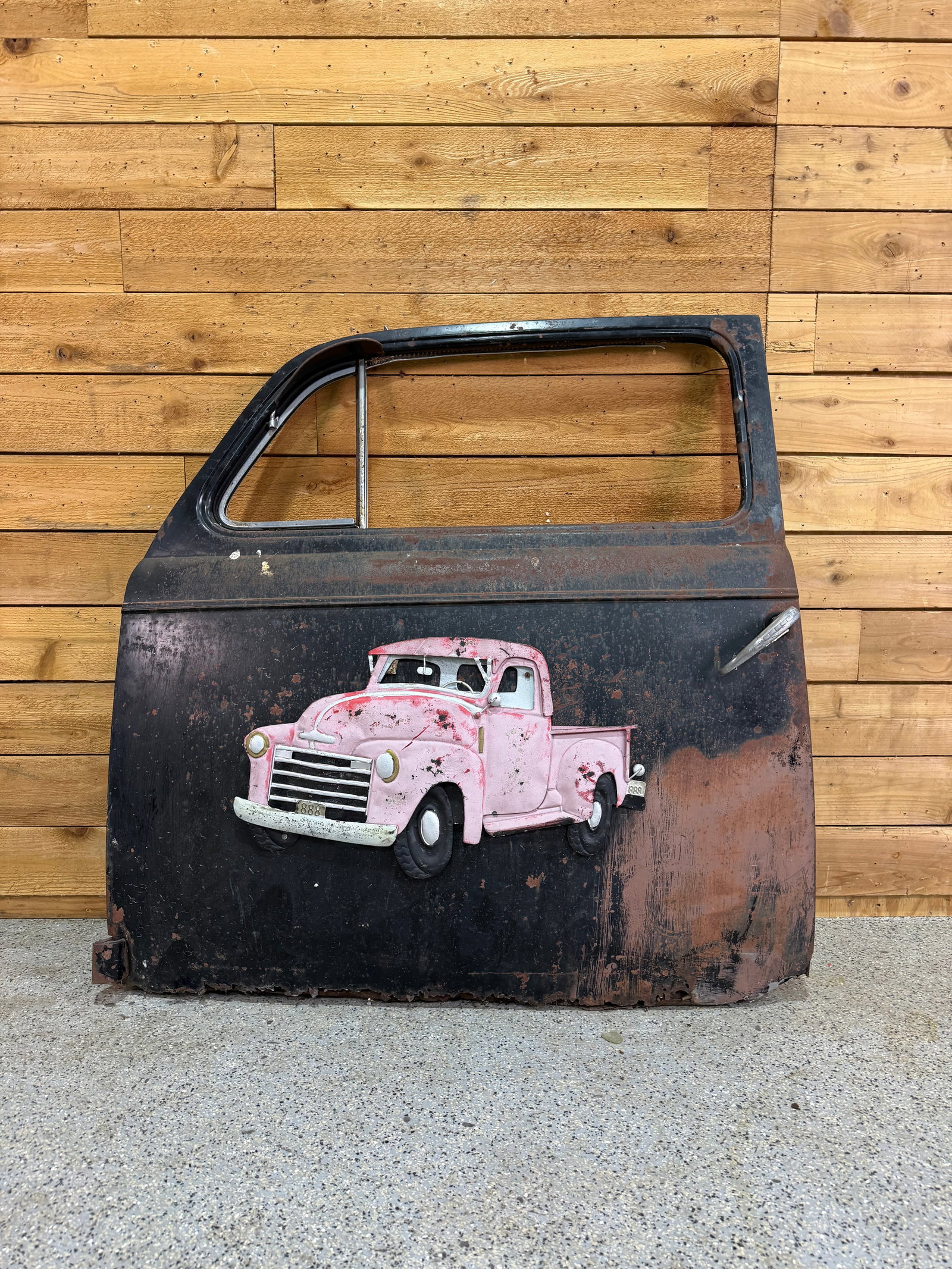 Decorative Ornament Truck Door: A great ornamental piece with strong vintage character and authentic wear. The surface shows a well-developed patina, making it a standout display item. Perfect for adding rustic or industrial charm t