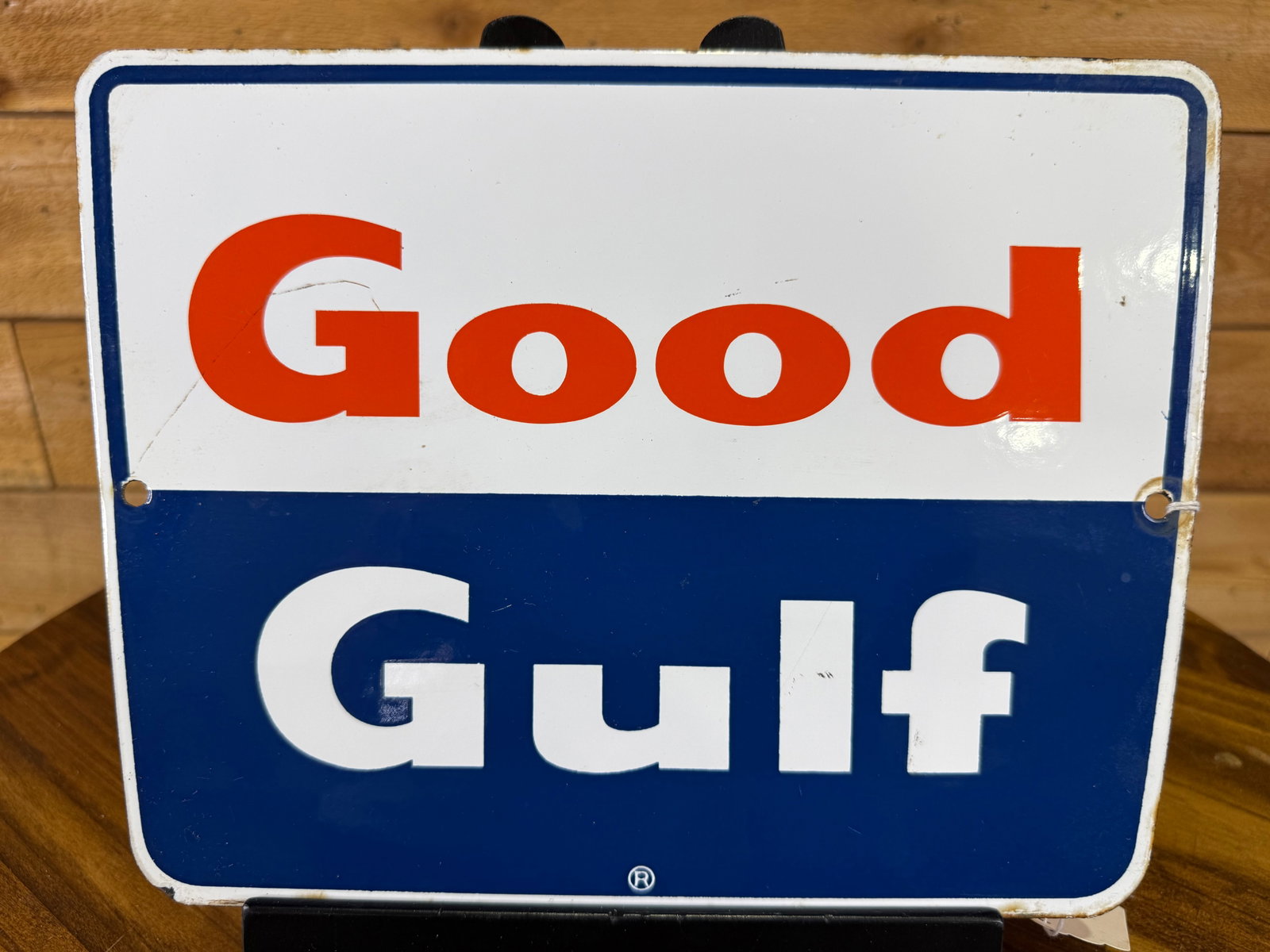 Original Single Sided Porcelain Good Gulf Pump Sign: Single-Sided Porcelain Pump Plate. A clean and attractive example featuring very good color and a glossy finish that displays nicely. In good overall condition, with some scratching across the face co