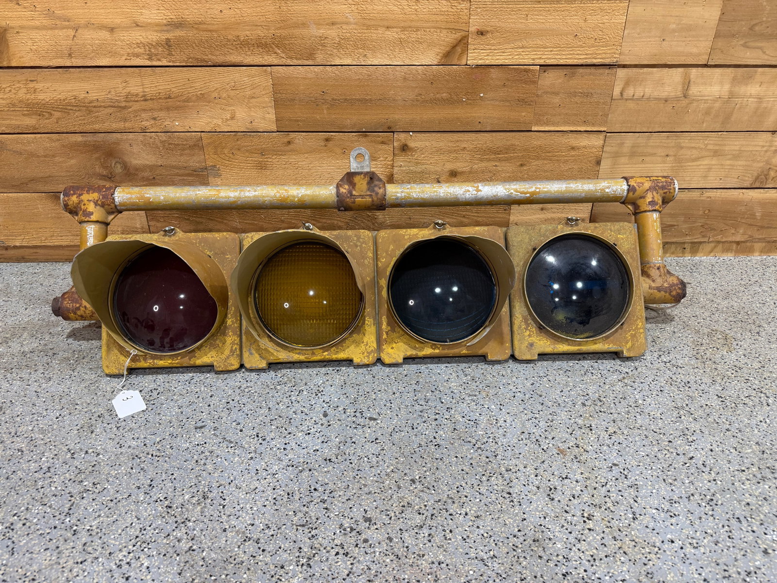 Original Crouse Hinds Metal Traffic Light: A classic roadway piece with strong industrial appeal, stamped Crouse-Hinds for authenticity. The light is in great overall condition, except for a missing visor on the green turn signal. Displays wel