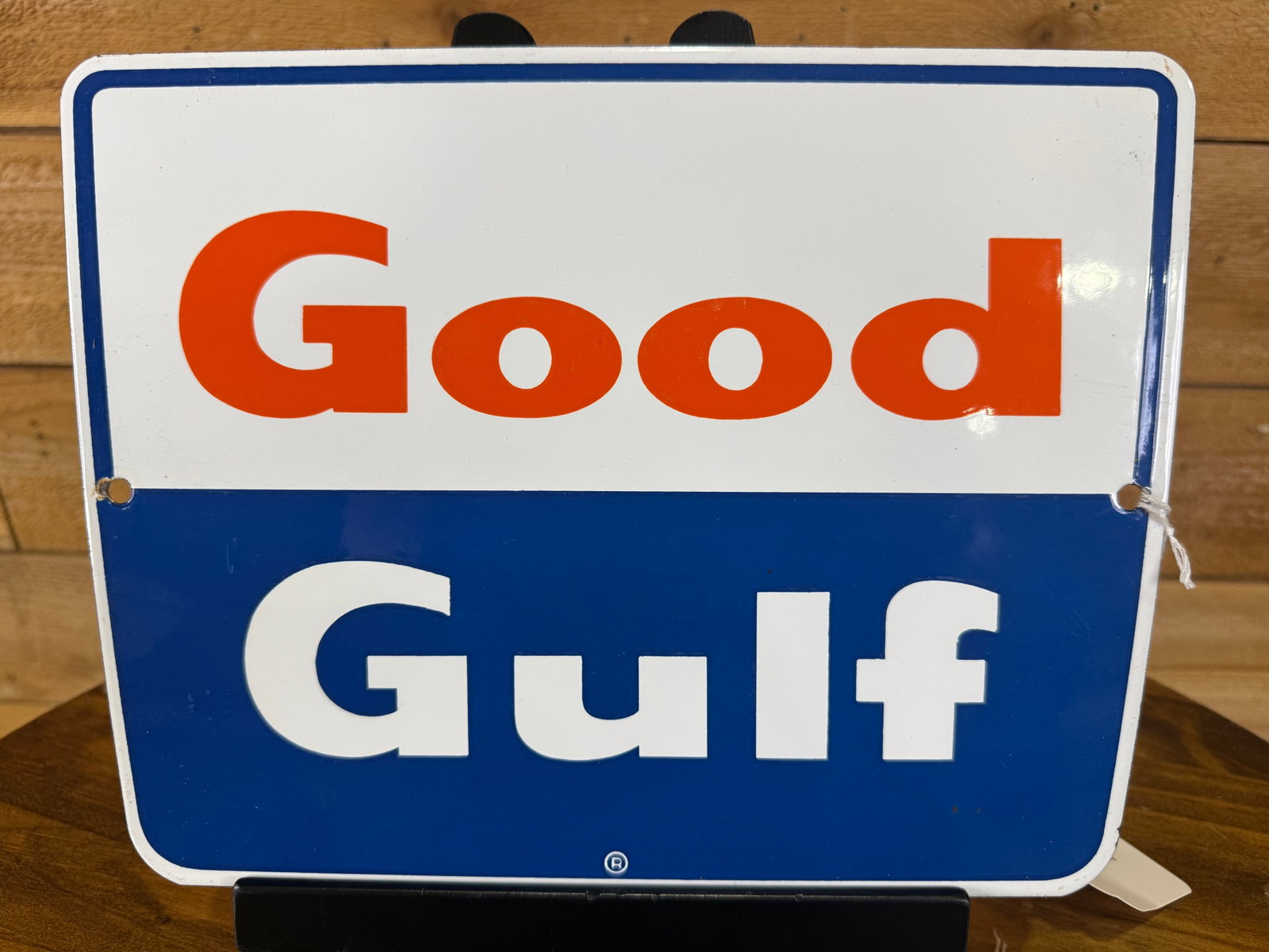 Original Single Sided Porcelain Good Gulf Pump Sign: Very bright and glossy. Good color. The plate has some minor chips around the mounting holes