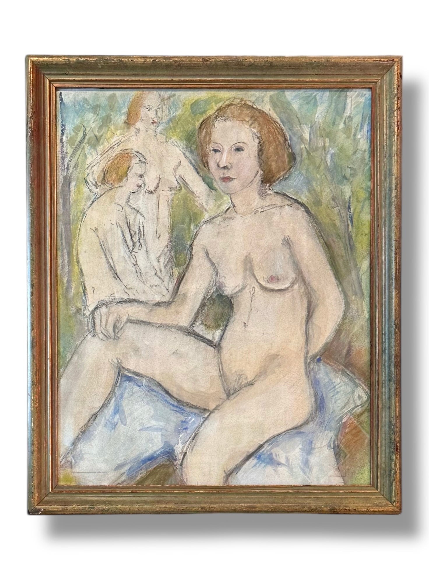 circa 1940s Watercolor Seated Nude, Framed: Original watercolor on paper depicting a seated nude figure, dating to the circa 1940s. Acquired from a New York estate, the work reflects period figure-drawing conventions and watercolor technique. P