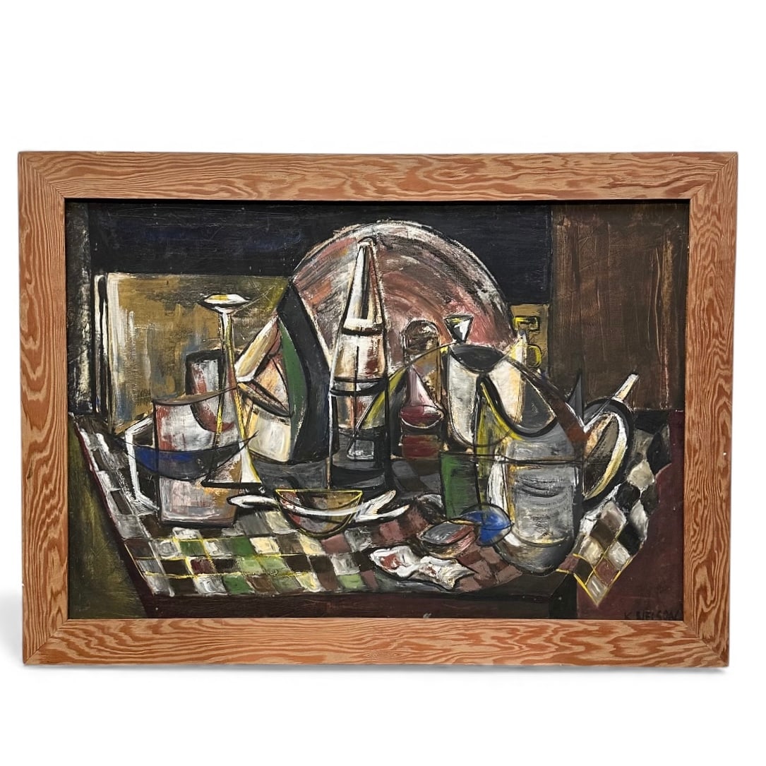 1950s Cubist Still Life on canvas, Signed, Original Frame (1 of 5)