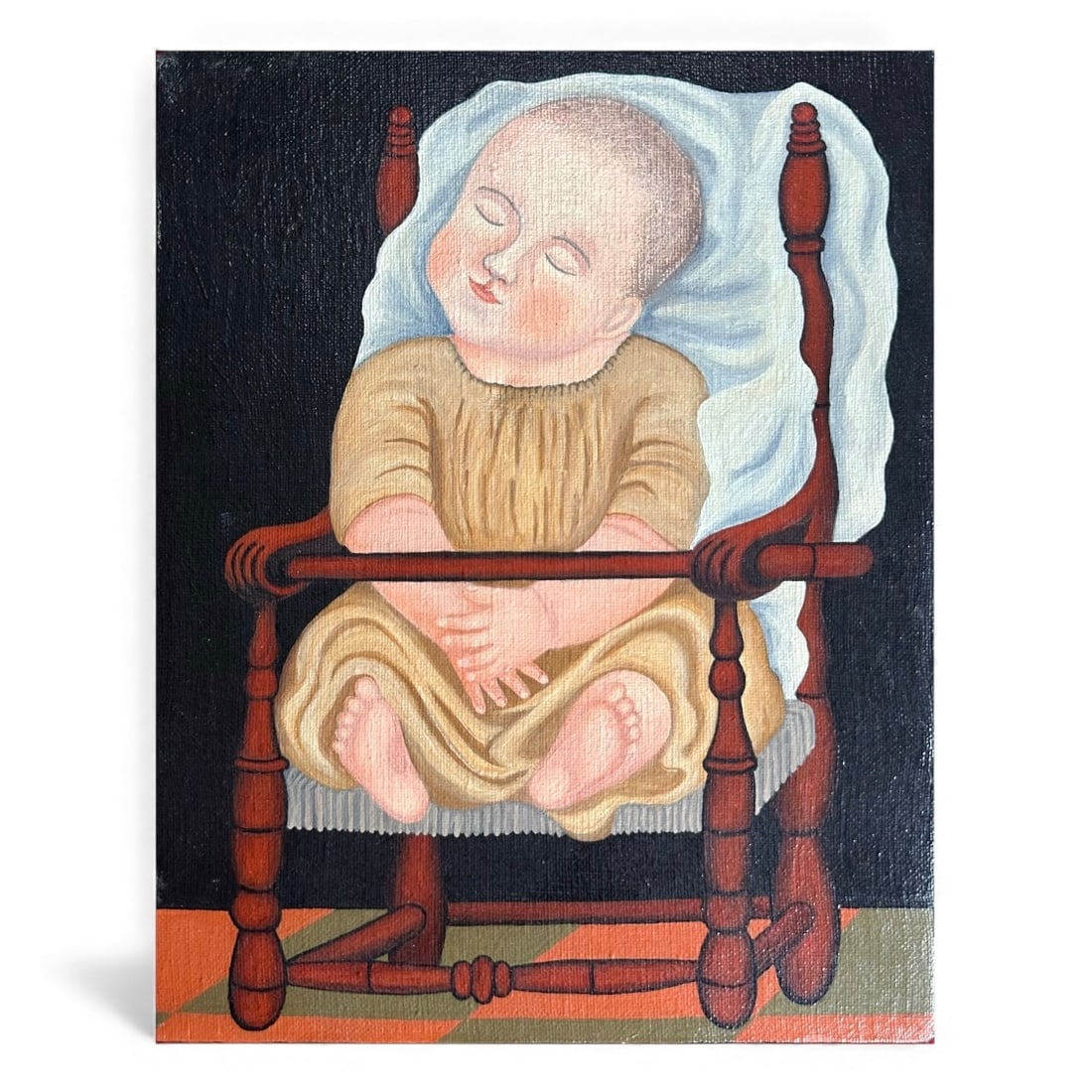 Vintage Painting "sleeping baby" on canvas: Talented rendition of “Baby in Red Chair,” after Robert Arsenault. Signed and dated verso. Paint on canvas. Measures 10” x 8” x 0.75”.