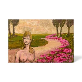 Mid Century Oil on Masonite Nude Figure With Landscape Painting