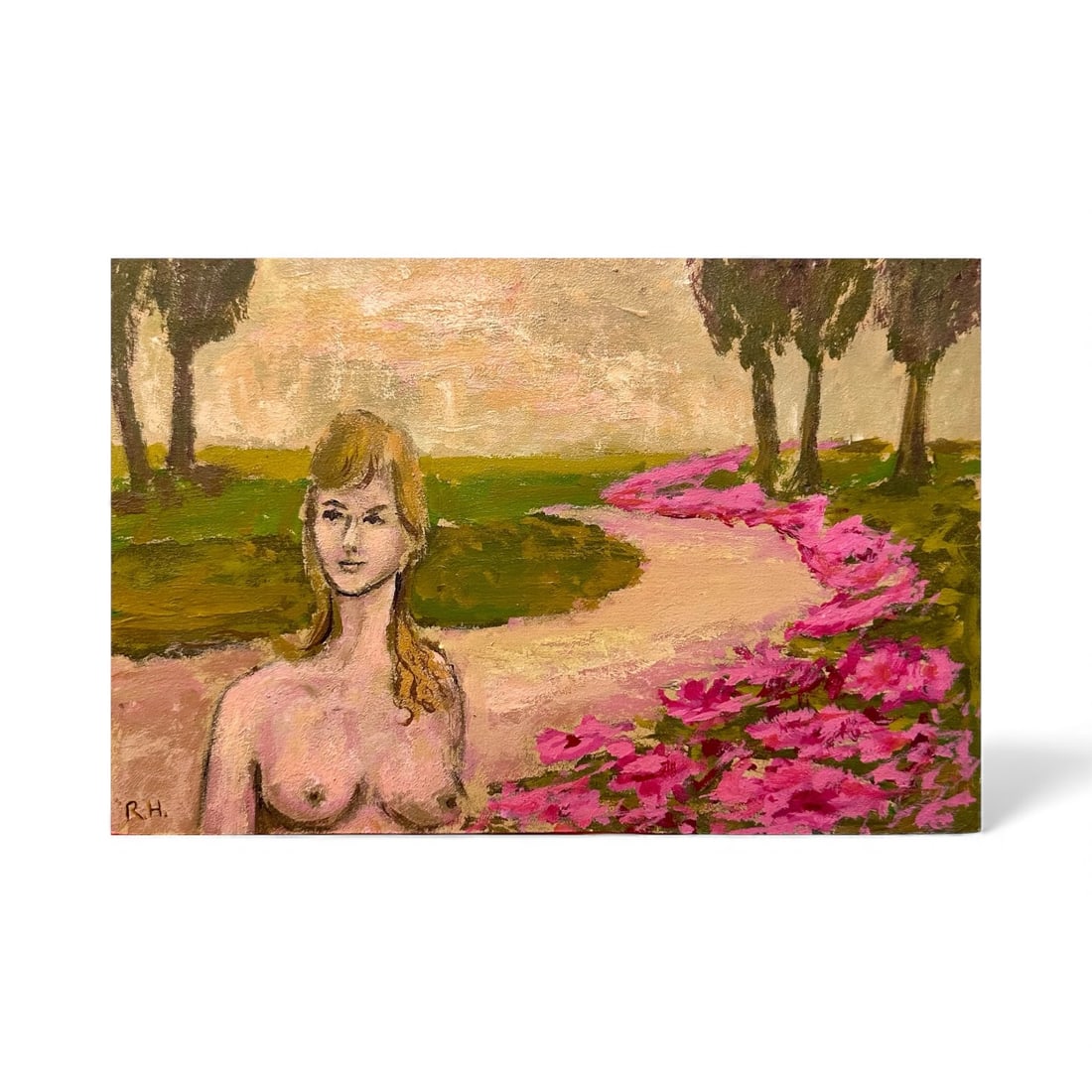 Mid Century Oil on Masonite Nude Figure With Landscape Painting: Mid-century oil on Masonite painting depicting a nude figure within a landscape. Signed R.H. and dating to the circa 1960s. Petite format. Measures 9” x 6”.