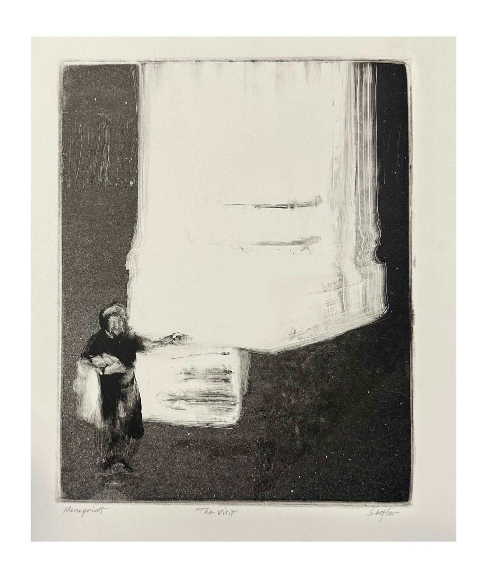 Stephen Lephlar (b. 1945) Monoprint "The Visit": Oregon artist Stephan Lephlar (b. 1945) monoprint entitled “The Visit.” Lephlar is a Pacific Northwest artist whose work is included in the permanent collection of the Portland Art Museum. The