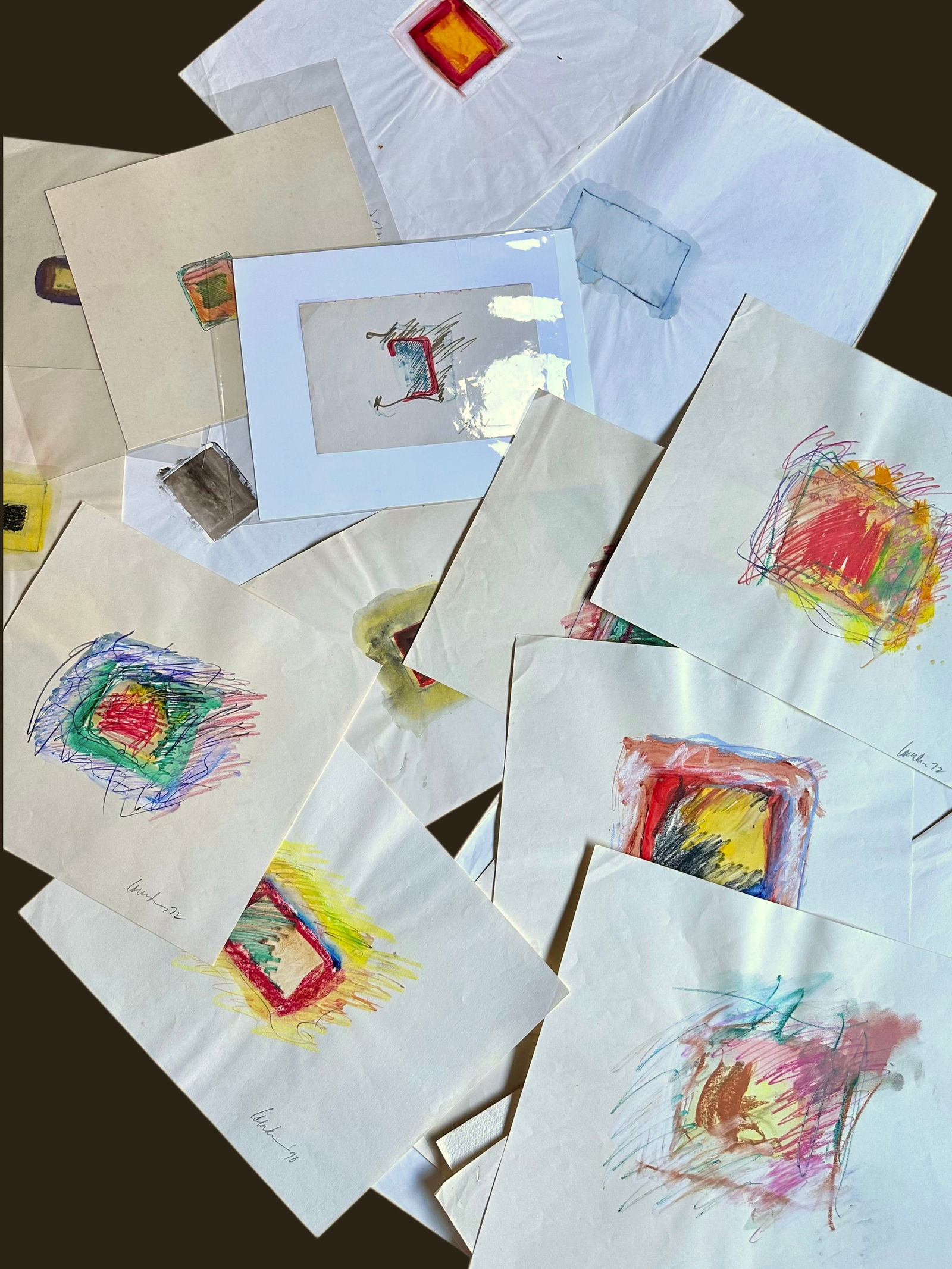 Lot of Works on Paper, L. Kimbrell, 1960s-70s, 30 pieces: Portfolio of works on paper by Lourdan Kimbrell, dating from the late 1960s through the 1970s. Kimbrell was an American artist active during a period of experimentation, and this group reflects a wide