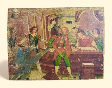 Antique Italian Folk Art Painted Wood Panel 19th Century