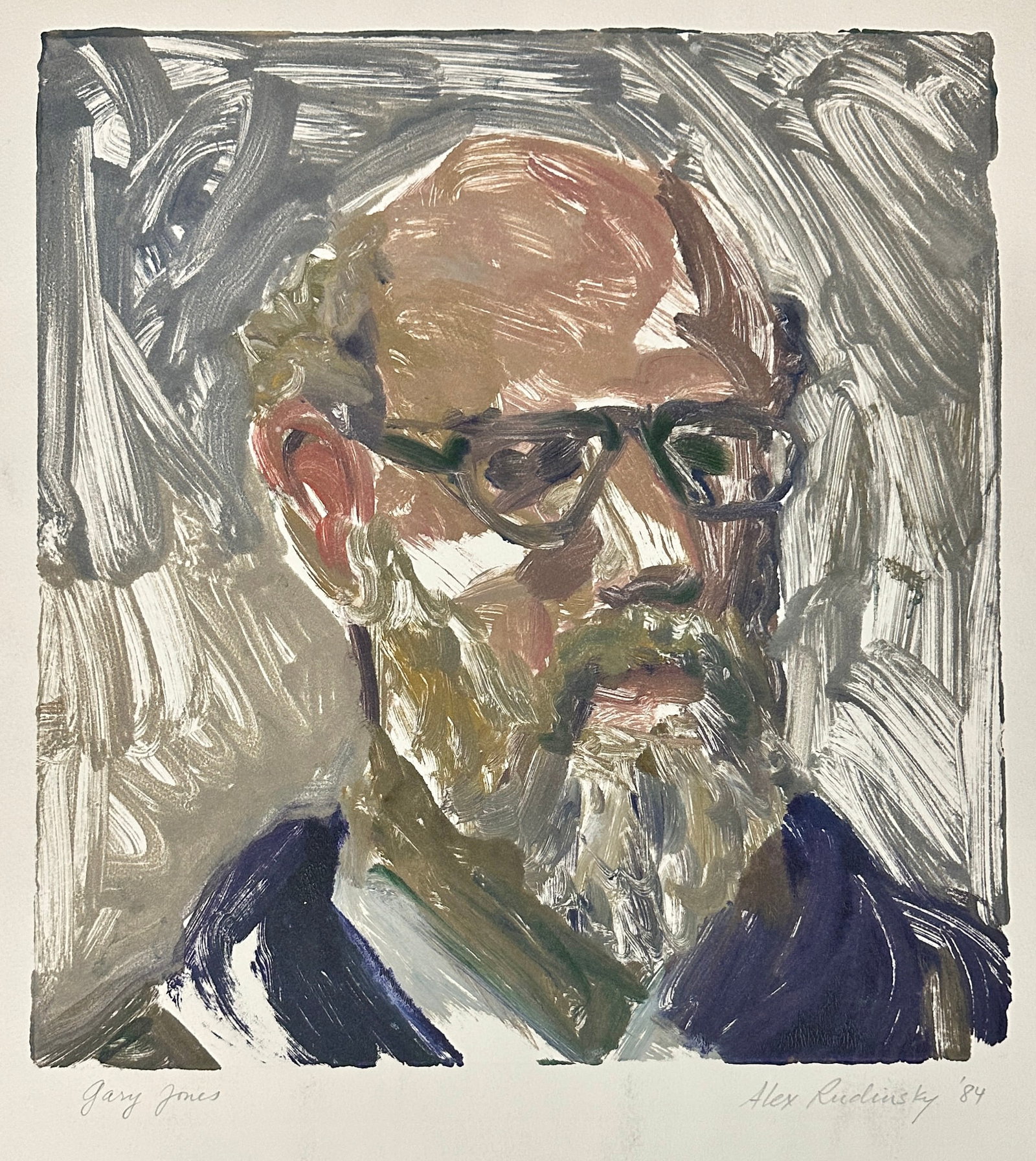 Oregon Artist Alexander Rudinsky. (1957-2011) Paint on Paper Portrait: Alexander Rudinsky (1957-2011) - Portrait in paint on paper, titled “Gary Jones”. Image measures 18 x 16 inches, executed on a 30 x 22 inch sheet of paper. Oregon born artist, Rudinsky earned 
