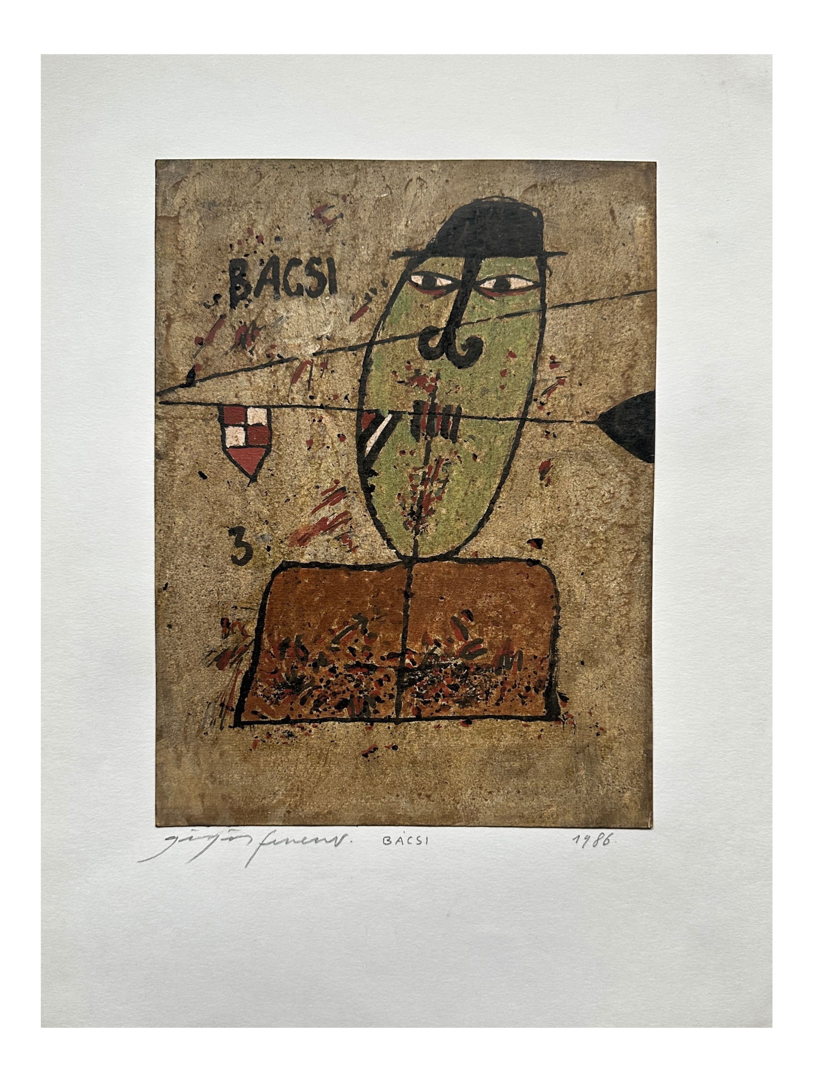 Ferenc Gogos (1936-2011) Signed Original Paint on Paper: Ferenc Gogos (1936-2011) - Mixed media painting (possibly oil-transfer or similar technique, with paint splatter), dated 1986. Image measures 10.5” × 8”, mounted by the artist onto a 16&r