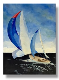 Large American Modernist 1960s Oil on Canvas Sailboat at Sea Painting
