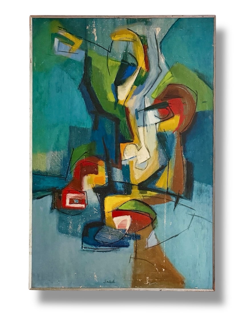Large 1950s Cubist Abstract Oil on Canvas Large Painting, Arthur Frick (1923-2025): Original circa 1950s oil on canvas painting by Arthur Frick (1923-2025). Painting stable but shows notable patina of wear, some areas of paint loss, etc. SEE PHOTOS. Presented in its original slate fr
