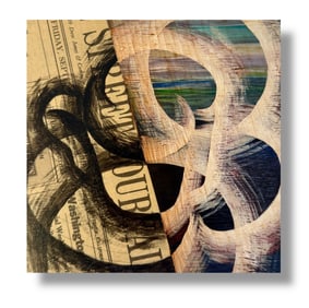 Allan Harrison 1994 mixed media on plywood "Juan's cup" Abstract Painting