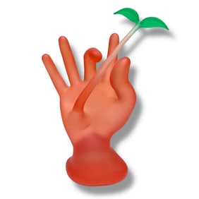 1997 Signed Abstract Hand With Plant Artist Made Glass Sculpture