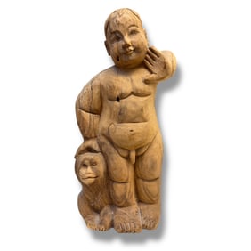 Asian Japanese Hand Carved Wood Sculpture Figure With Animal