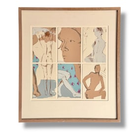 American 20th Century Custom Framed Mixed Media Abstract Figurative Artwork