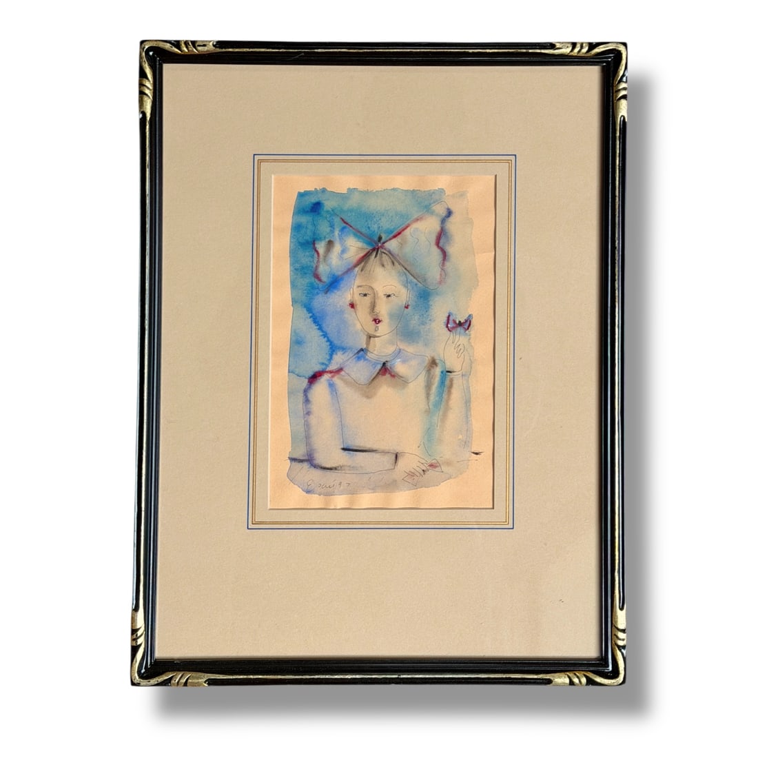 20th Century Mexican Folk Artist Esau Andrade (b. 1963) Framed Portrait Painting 1997: Watercolor and ink painting on paper by noteworthy artist Esau Andrade (b. 1963)"Girl with Bow" presented in a vintage frame measuring 17" x 13"