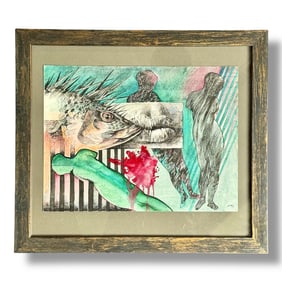 20th Century Russian Surrealist Original Mixed Media Artist Unknown Framed