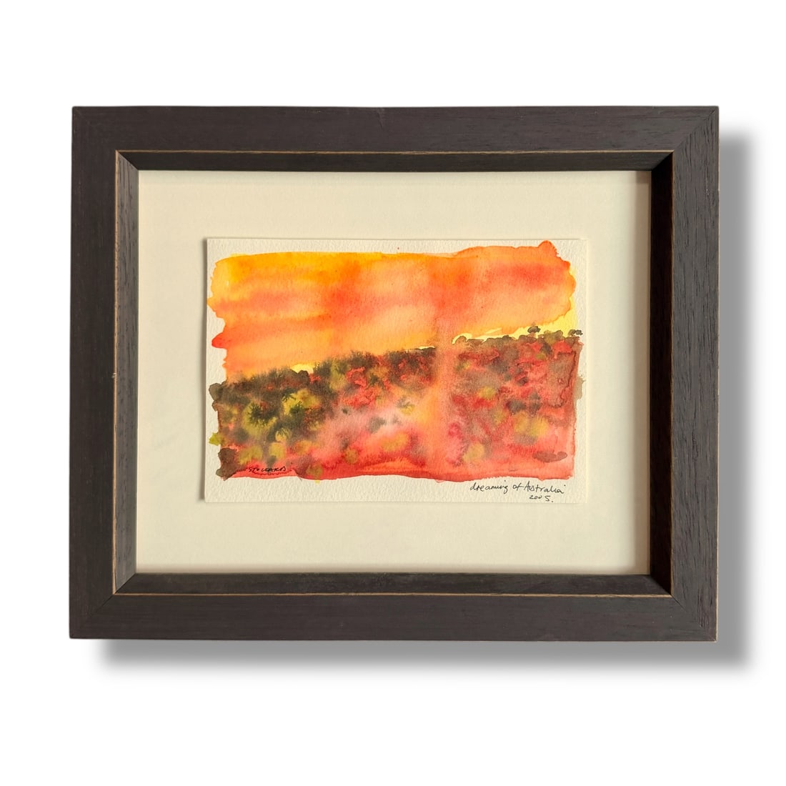 21st Century Contemporary Abstract Watercolor Painting by Vanessa Stockard: "Dreaming of Australia" watercolor painting by contemporary artist Vanessa Stockard. Professionally framed, artwork measures 7" x 4.75" and the piece measures 11.75" x 9.75" overall.