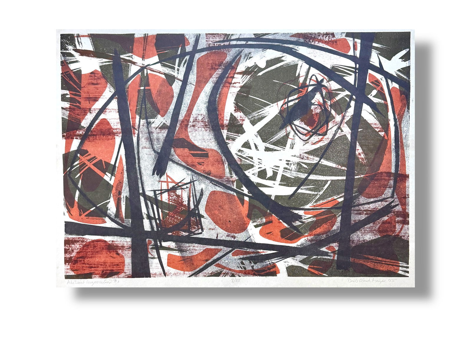 American Mid 20th Century Modernist Abstract Doris Chatham (1923-2015) Signed Print 1955: 1955 print by noteworthy American modernist artist and printmaker Dorris Meyer Chatham (Clark). Entitled "Abstract Composition #1" and executed in 1955, numbered 9/23. This print is on paper measuring