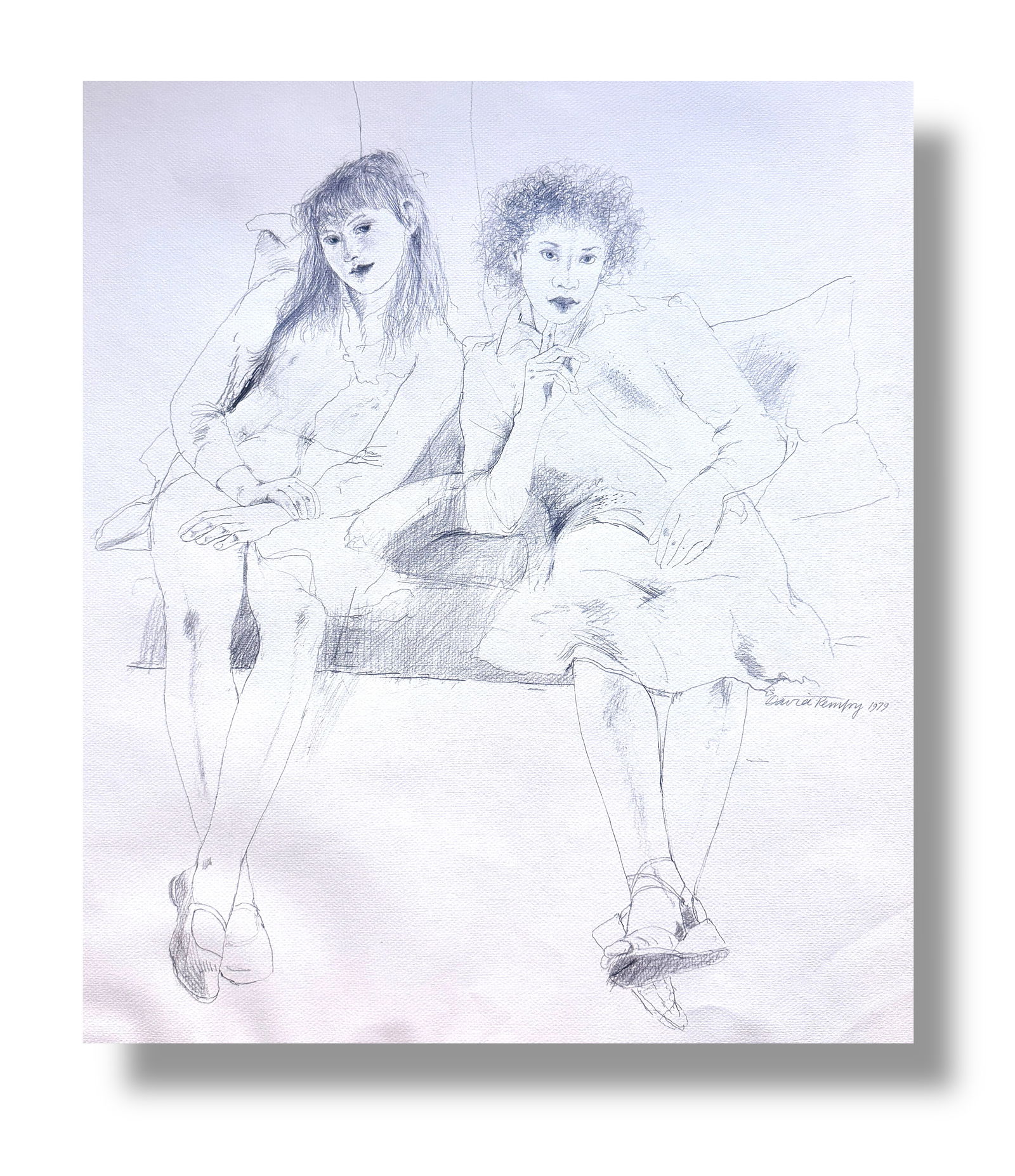 20th Century British Artist David Remfry (b. 1942) Large Pencil Drawing 1979: Pencil on paper drawing of two women executed in 1979 by noteworthy British artist David Remfry. Sheet size is 29.5" x 21.5"