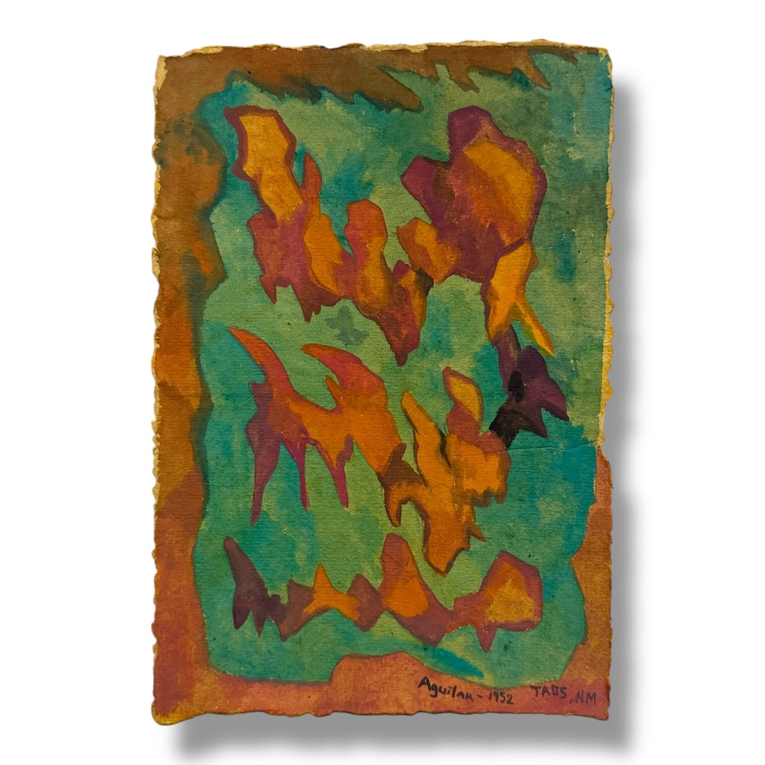 American Taos New Mexico Modernist Abstract Paint on Paper Signed Aguilar 1952: Abstract modernist paint on rag paper measuring 9.5" x 6.5" signed and dated by artist Aguilar, 1952. Executed in Taos, New Mexico. Excellent vintage condition.