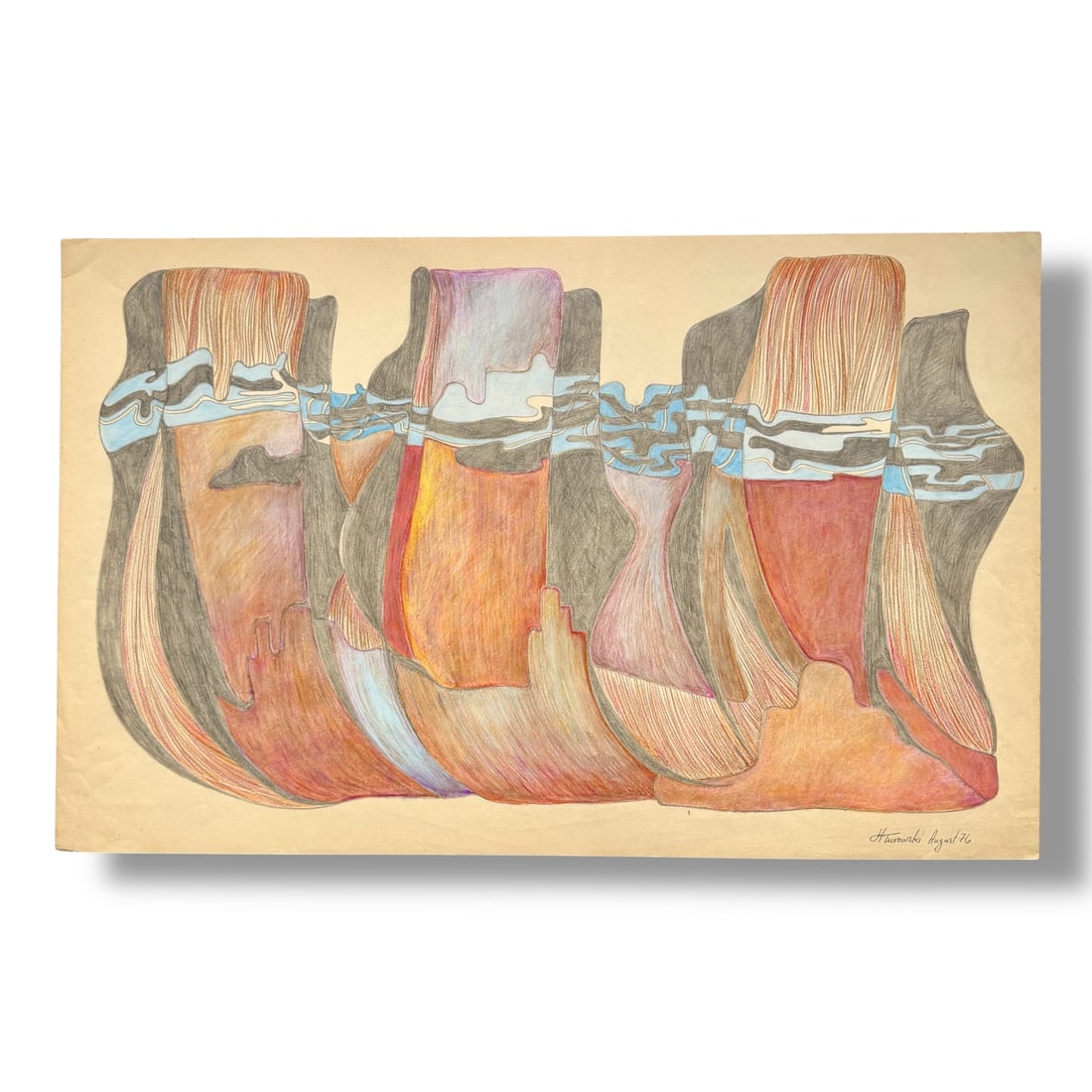 American 20th Century Abstract Colored Pencil on Paper, Signed H. Turowski 1976 (1 of 3)