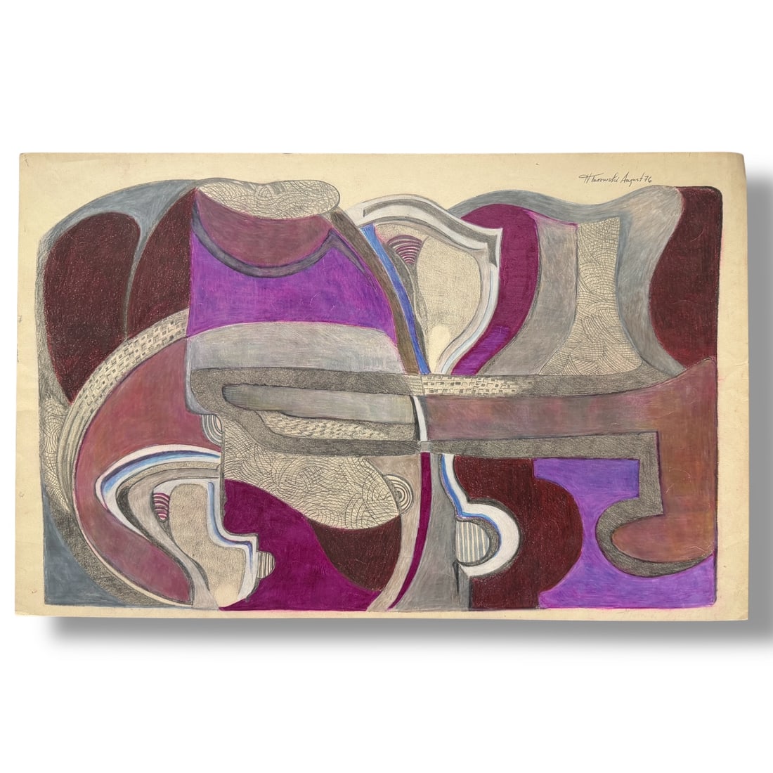 American 20th Century Abstract Colored Pencil on Paper, Signed H. Turowski 1976: Signed and dated 1976 by artist Helen Turowski. Acquired in NYC in a cache of the artists work. This piece appears to be colored pencil on paper and it measures 22" x 14" overall. in very good vintage