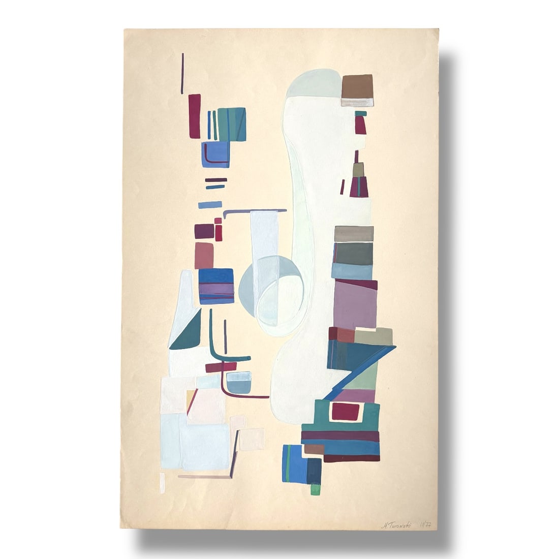 American 20th Century Abstract Colored Paint on Paper, Signed H. Turowski 1976: Signed and dated 1976 by artist Helen Turowski. Acquired in NYC in a cache of the artists work. This piece appears to be paint on paper and it measures 22" x 14" overall. in very good vintage conditio