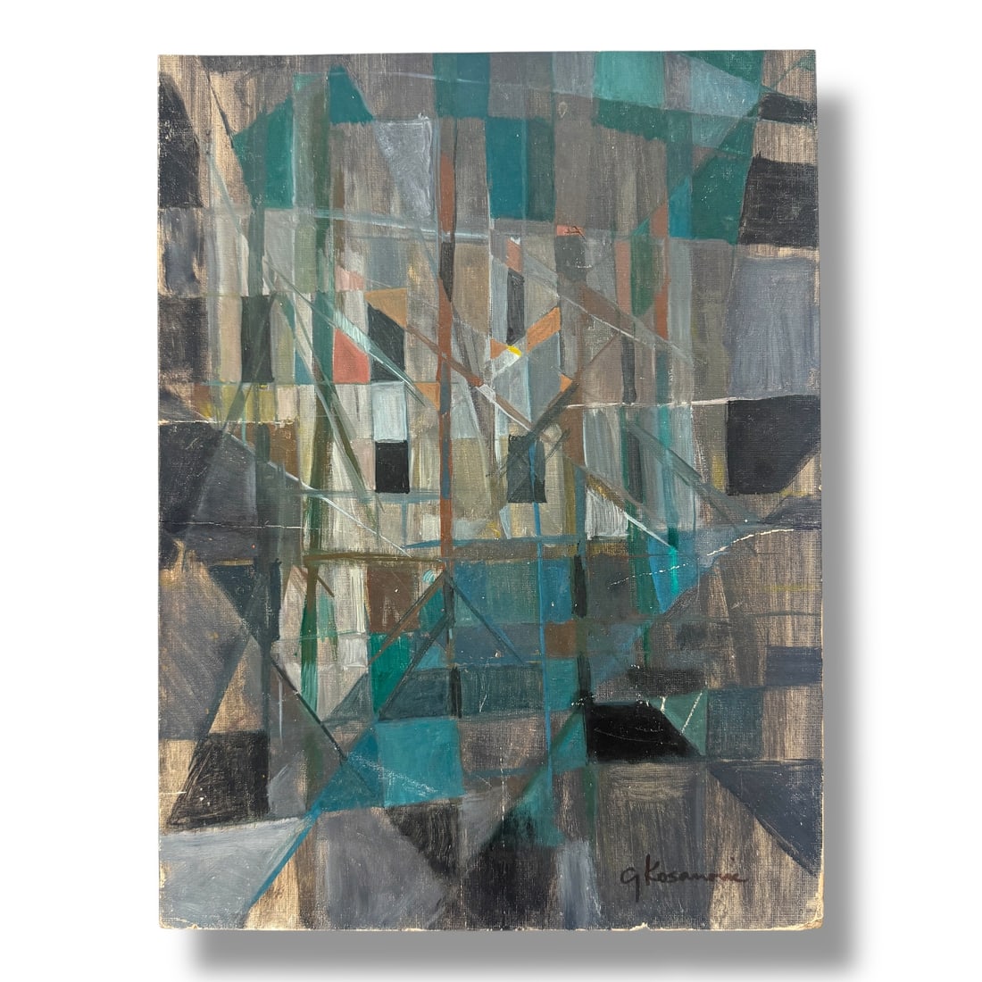 American mid 20th century cubist abstract painting on canvas board 1950s: Circa 1950s oil on canvas board cubist abstract painting, signed lower right. measures 12" x 16" overall. Some condition issues, such as scratches or areas of loss. see photos.