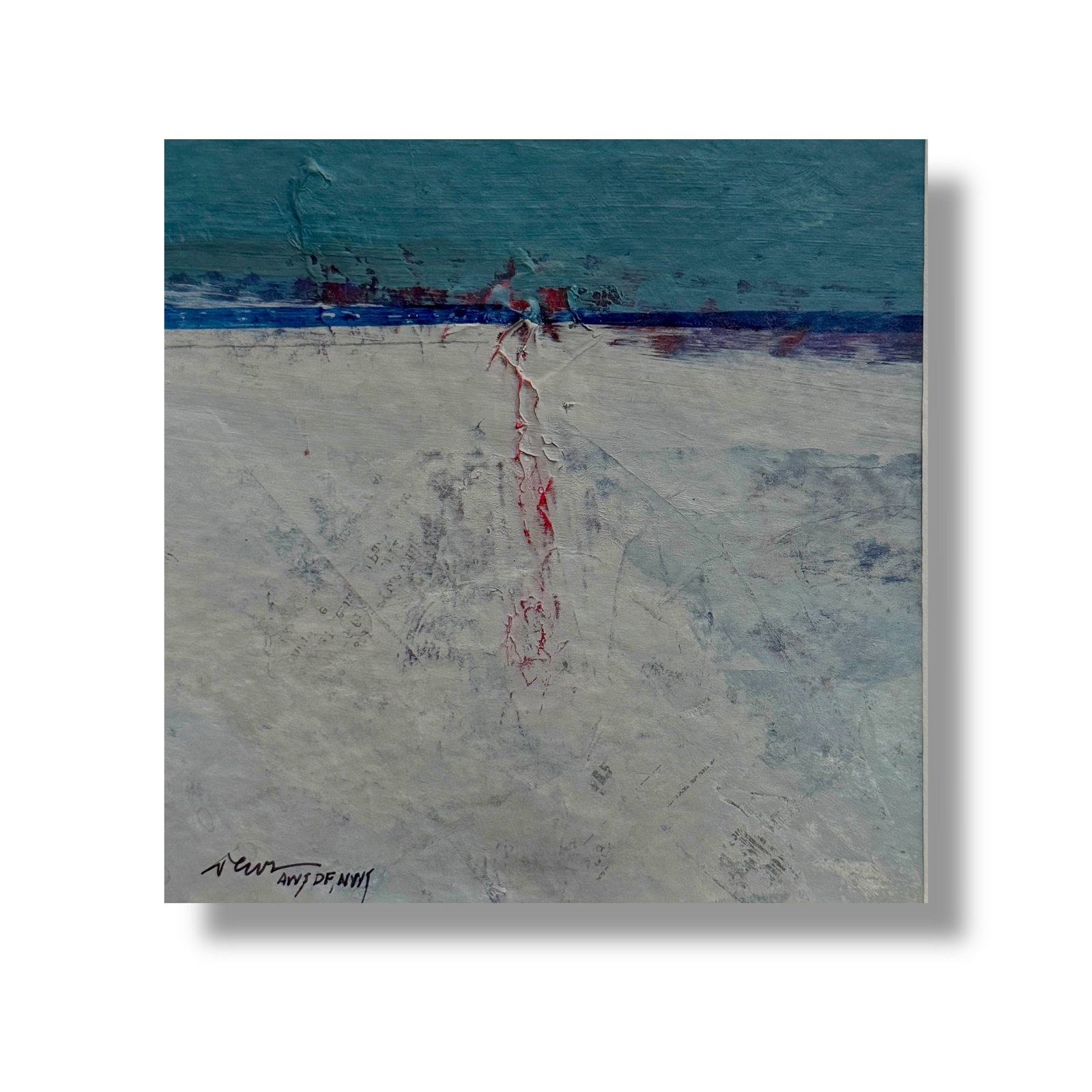 American Modernist Abstract Expressionist painting on Paper Artist Pat Dews: Original paint on paper by artist Pat Dews, "Touch of Red" measuring 5" x 5" in its original matting. Excellent vintage condition.