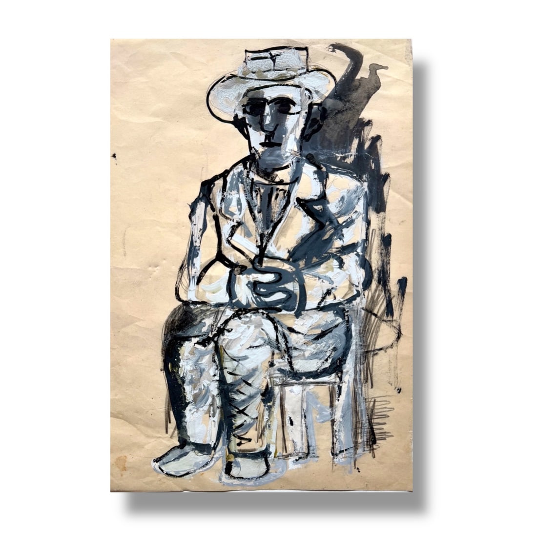 American 20th Century Abstract Paint on Paper Seated Figure (1 of 2)