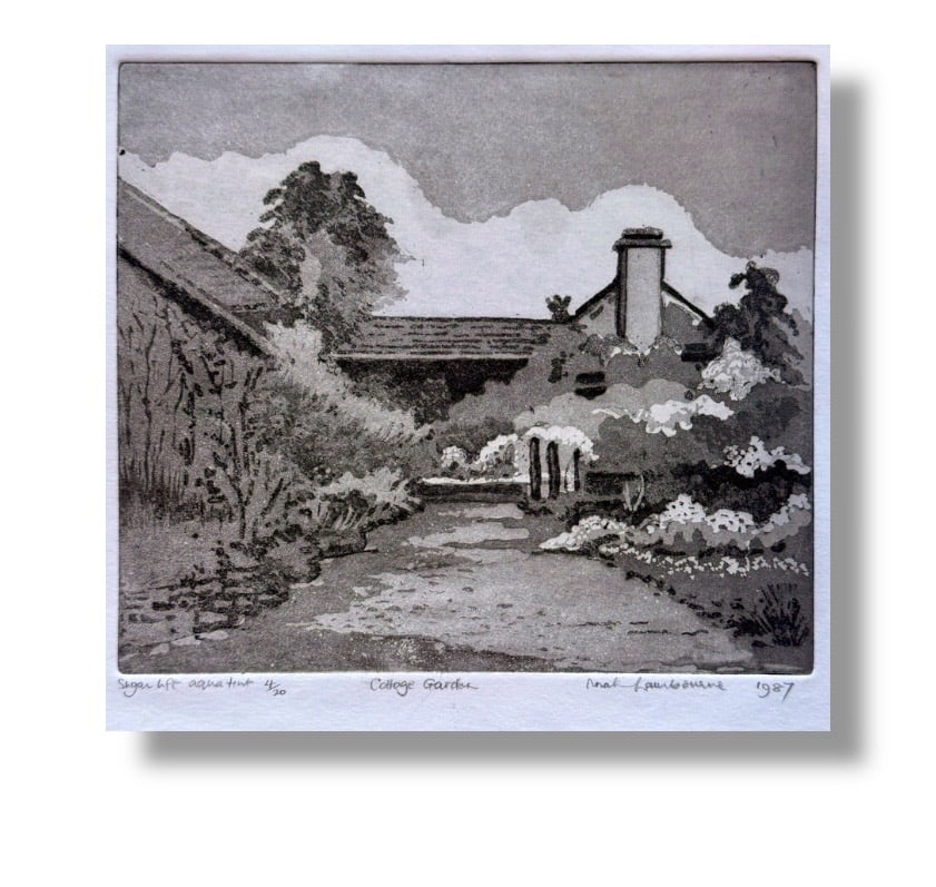 20th Century American Sugar Lift Aquatint "Cottage Garden" by Nora Lambourne: 20th Century American Sugar Lift Aquatint "Cottage Garden" by Nora Lambourne. Artwork measures 10" x 10.25" and is in excellent vintage condition.