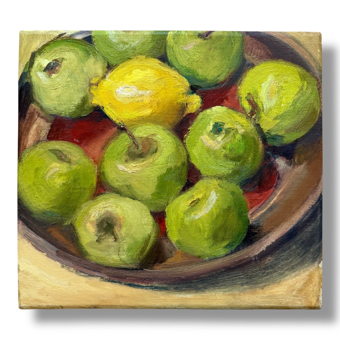 American 20th Century Still Life Oil on Board by Phyllis Trowbridge: Oregon artist Phyllis Trowbridge oil on board still life of apples and a lemon, measuring 12" x 11" and in excellent vintage condition.