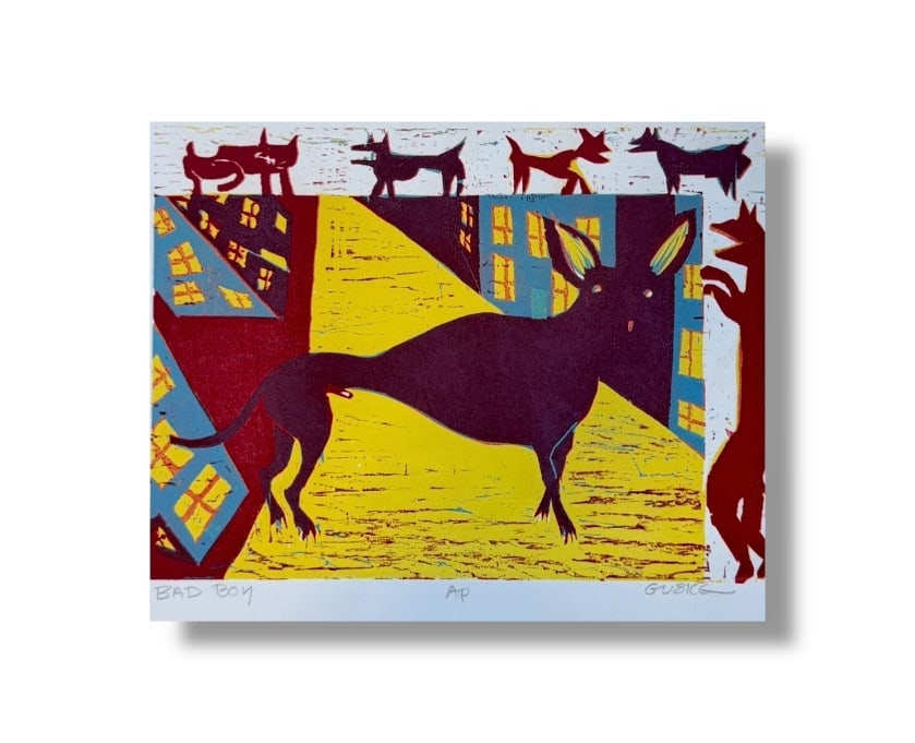 American 20th Century Modern Reduction Print by Jennifer Guske (b.1950): Reduction print by noteworthy PNW artist Jennifer Guske (b. 1950) entitled "Bad Boy" and measuring 16.75"" x 13" on 29" x 16" paper. Excellent vintage condition.