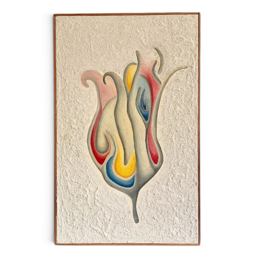 Mid 20th Century Abstract Oil & Textural Painting on Canvas: Circa mid 20th century abstract oil painting on canvas with a textural media application to the negative space, measures 29” x 19” in its original slat framing. Age appropriate Patina with