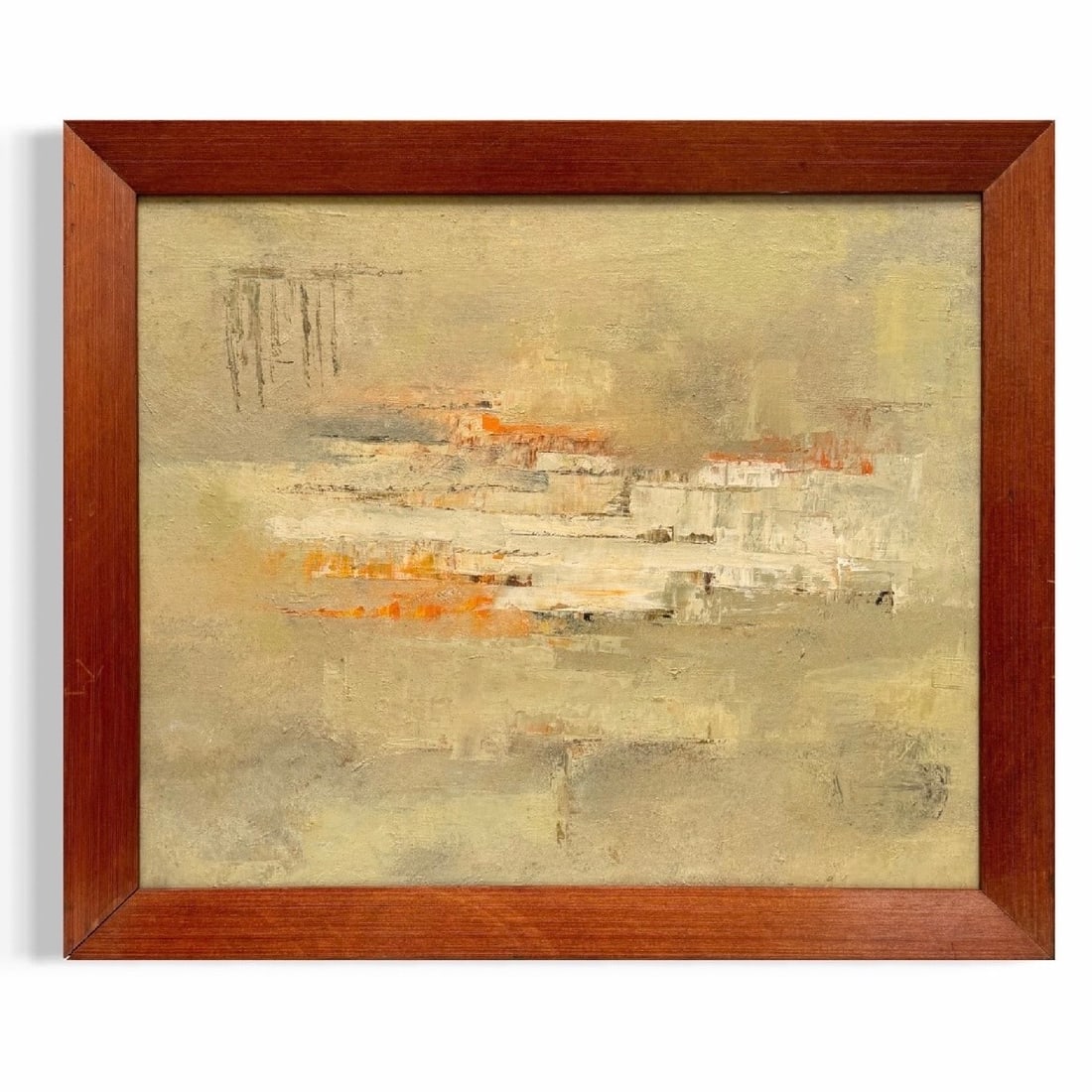Mid 20th Century Oil on Panel Abstract Expressionist Painting in Vintage Frame: This is an original painting circa mid 20th century, executed in oil on panel and presented in a vintage redwood frame. Very good condition showing age appropriate patina. Measures 29” x 24&rdqu