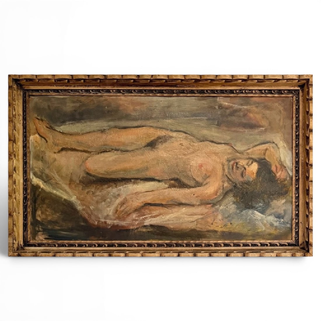 Large Framed 20th century Oil on Canvas Reclining Nude Painting: Circa 1940s large oil on canvas painting depicting a reclining nude figure, signed Wilson verso. Presented in its original frame and measuring 45” x 27” x 3” framed. Frame and painti