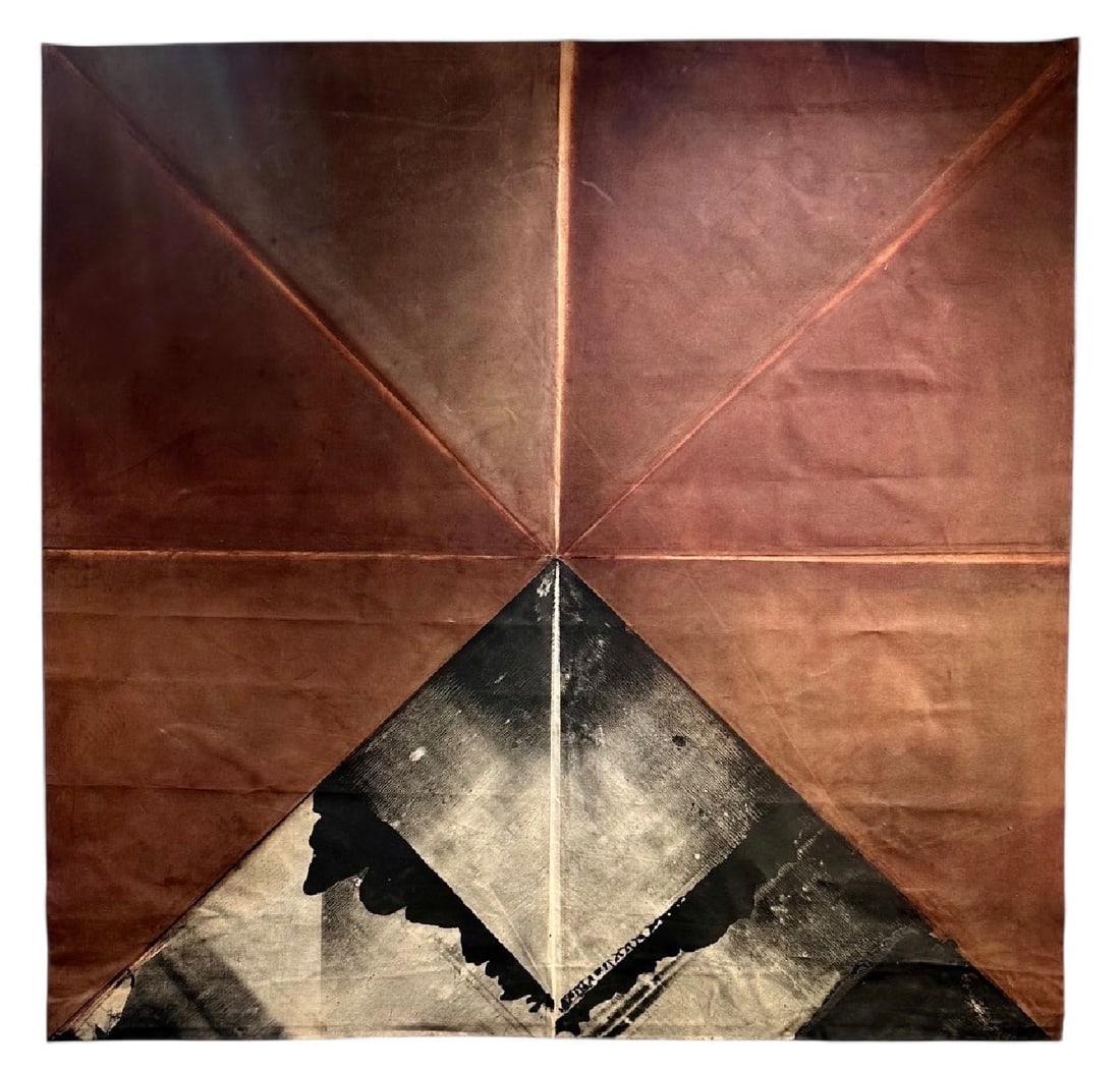 20th Century Modern 1977 Large Scale Abstract Stain Painting on Canvas, Signed: This is a large approx 80” x 84” abstract stain painting on heavy canvas, signed and dated 1977. The piece was produced with the intention of hanging like a tapestry, and top and bottom ha