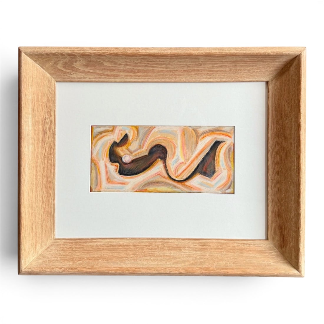 Samuel Kudish (1926-2023) ethereal pastel drawing, reclining figure, 1950s cove frame: Original oil pastel drawing by Samuel Kudish (1926-2023) presented behind glass in a 1950s solid wood cove frame with a distressed aged finish. Drawing executed mid 20th century. Artwork measures 7&rd