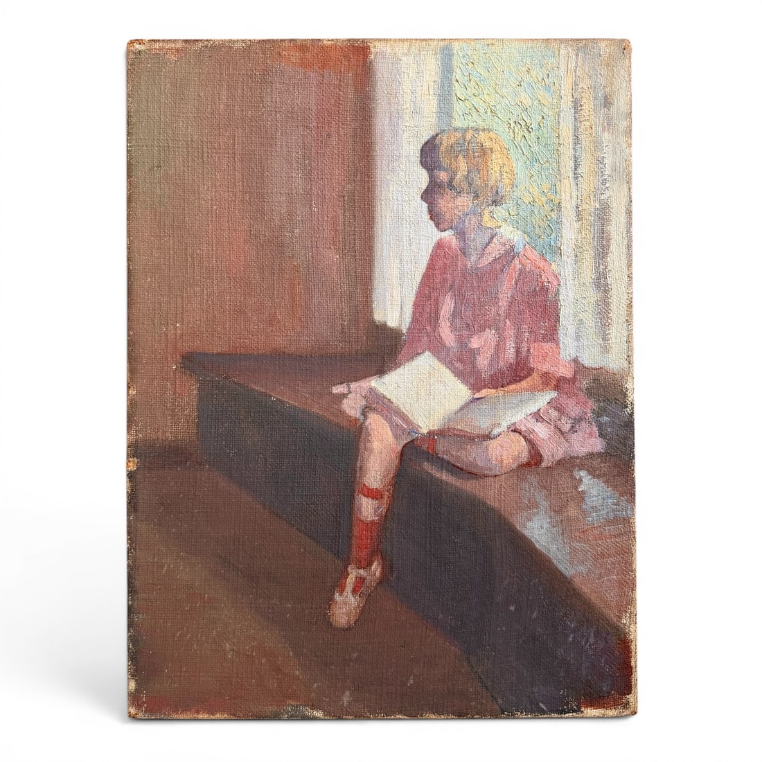 Circa 1940s Oil on Burlap Seated Child Reading Painting: unsigned work circa 1940s, seated child reading executed in oil on stretched burlap. measures 16" x 12" and is in vintage condition showing age appropriate patina.