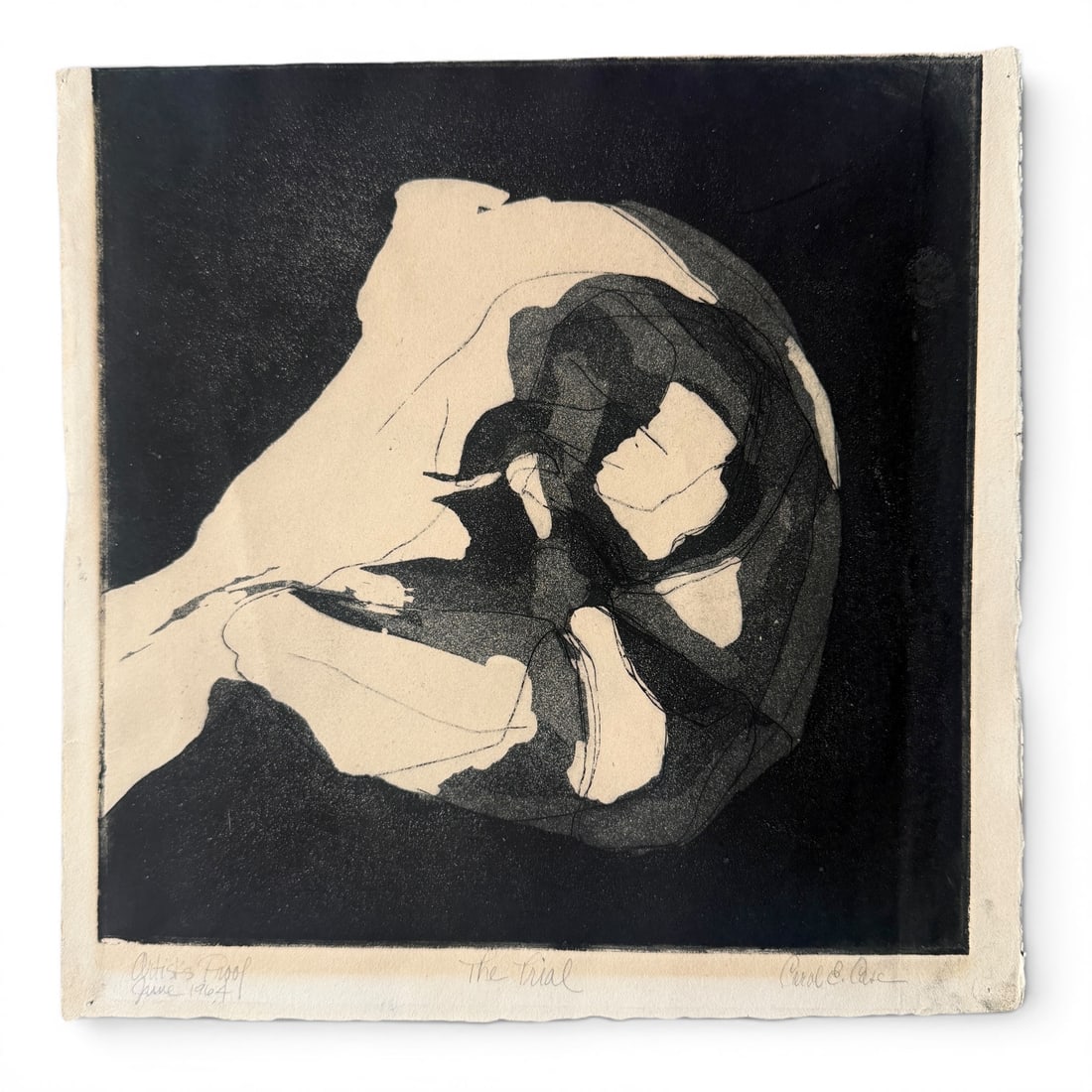 Mid 20th Century Abstract Figurative Print by Artist Carol Case Syracuse 1960s: abstract figurative print by NY artist Carol Case Siracuse, signed and dated. Art size is 10" x 10" and the print is in fair vintage condition with some condition issues to the border that do not ente