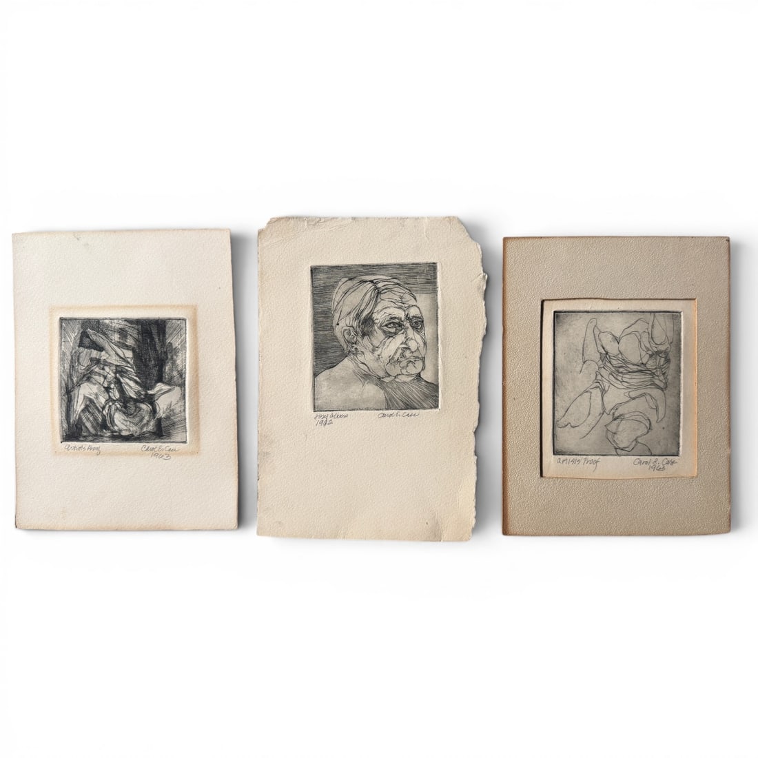 Lot of 3 Mid 20th Century Abstract Figurative Print by Artist Carol Case Syracuse 1960s: abstract figurative prints by NY artist Carol Case Siracuse, signed and dated. Art size on all is approximately 3" x 4" and they are all in vintage condition with age appropriate patina. see photos.