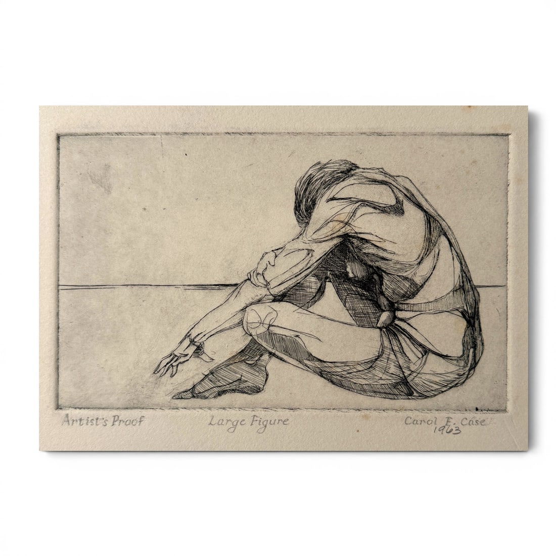 Mid 20th Century Abstract Figurative Print by Artist Carol Case Syracuse 1960s: abstract figurative print by NY artist Carol Case Siracuse, signed and dated. Art size is approximately 8" x 5" ...sheet has age appropriate patina, some foxing, see photos.