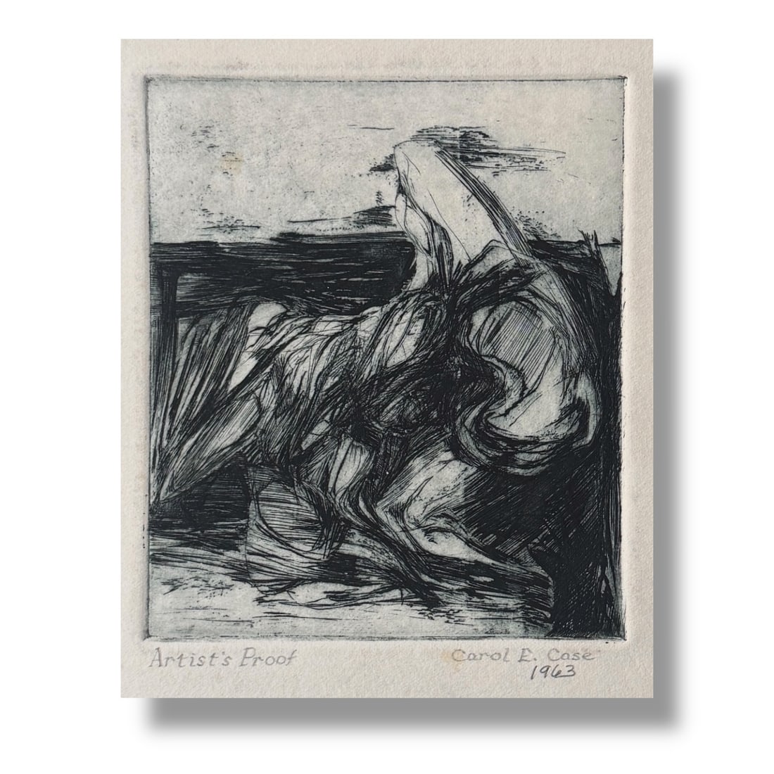 Mid 20th Century Abstract Figurative Print by Artist Carol Case Syracuse 1960s: abstract figurative print by NY artist Carol Case Siracuse, signed and dated. Art size is approximately 6" x 5" ...sheet has age appropriate patina, see photos.